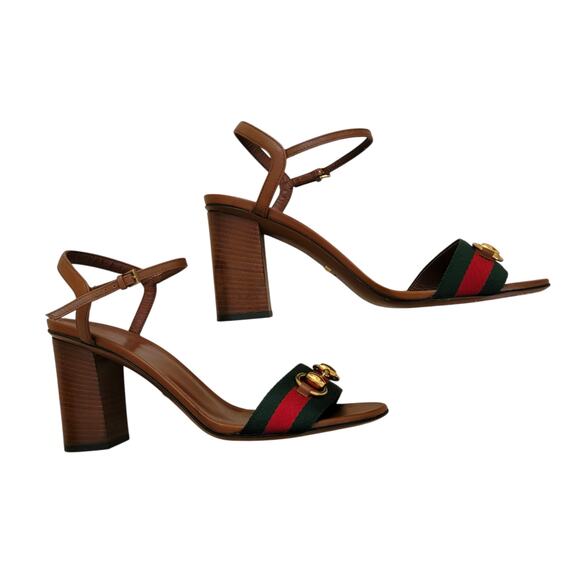 Gucci Vintage Horsebit Web Stripe Brown Leather Sandals Block Heels 9.5 39.5 - Picture 3 of 12